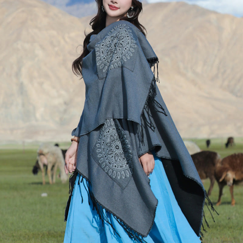 Buddha Stones Tibetan Geometric Round Mandala Pattern Tassels Shawl Fall Winter Cozy Scarf Wrap With Pockets - image 17