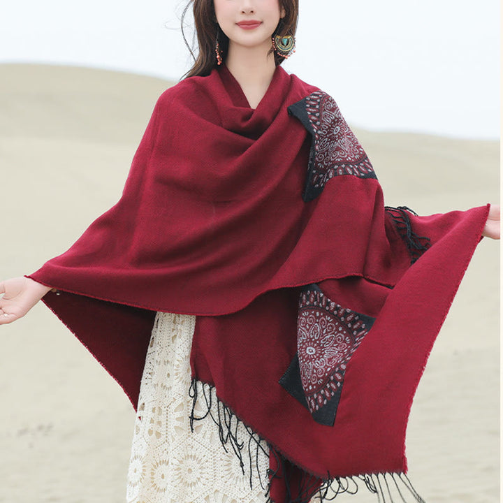 Buddha Stones Tibetan Geometric Round Mandala Pattern Tassels Shawl Fall Winter Cozy Scarf Wrap With Pockets - image 23