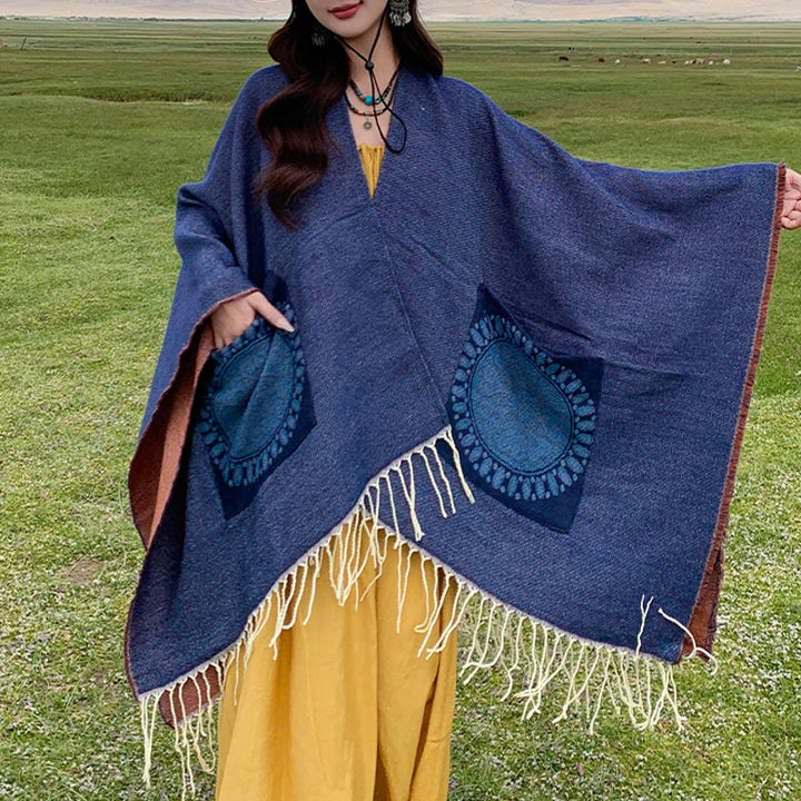 Buddha Stones Tibetan Geometric Round Mandala Pattern Tassels Shawl Fall Winter Cozy Scarf Wrap With Pockets - SteelBlue - 140*155cm - image 33