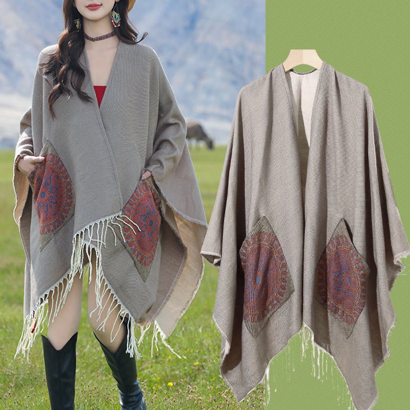 Buddha Stones Tibetan Geometric Round Mandala Pattern Tassels Shawl Fall Winter Cozy Scarf Wrap With Pockets - image 31