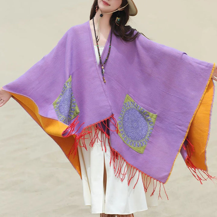 Buddha Stones Tibetan Geometric Round Mandala Pattern Tassels Shawl Fall Winter Cozy Scarf Wrap With Pockets - image 41