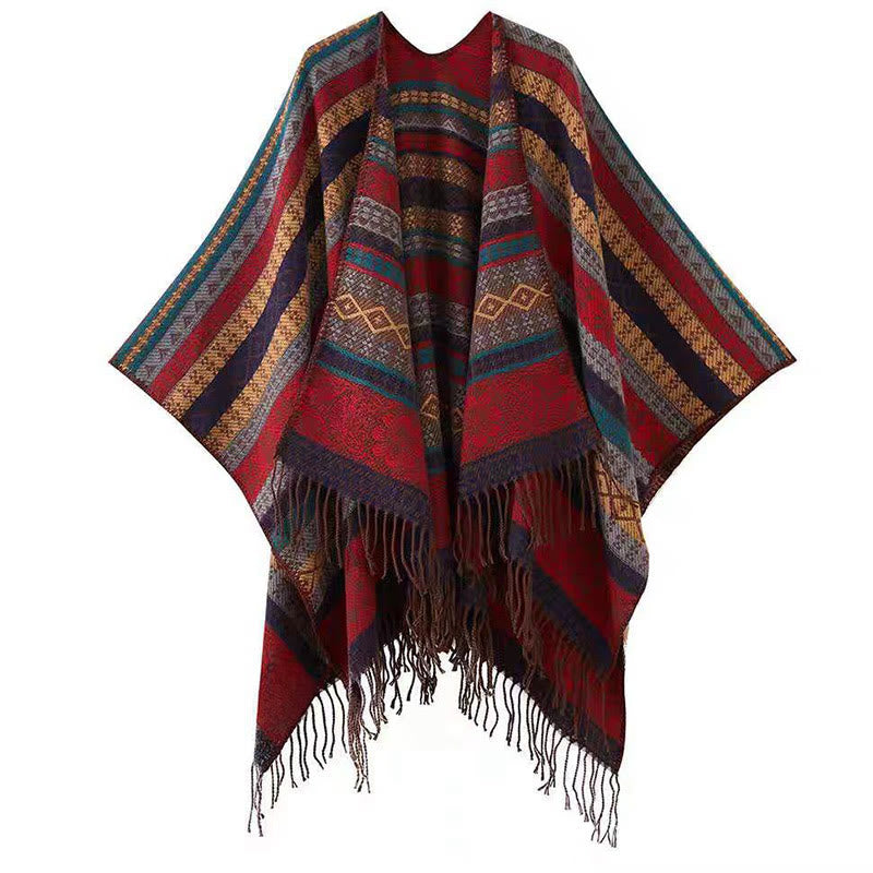 Buddha Stones Tibetan Geometric Horizontal Stripe Flower Leaf Tassels Shawl Fall Winter Cozy Scarf Wrap