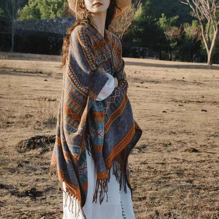 Buddha Stones Tibetan Geometric Horizontal Stripe Flower Leaf Tassels Shawl Fall Winter Cozy Scarf Wrap - image 3