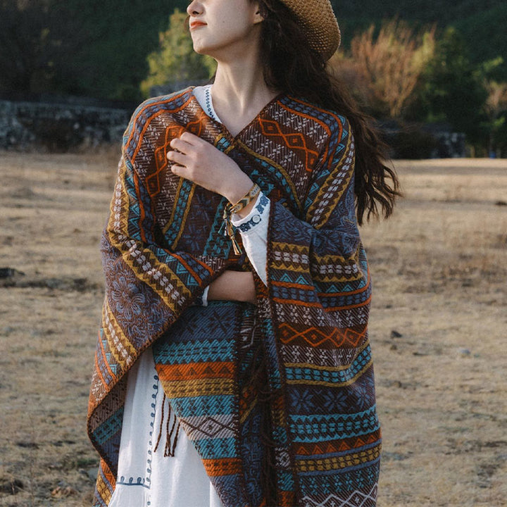 Buddha Stones Tibetan Geometric Horizontal Stripe Flower Leaf Tassels Shawl Fall Winter Cozy Scarf Wrap - image 2