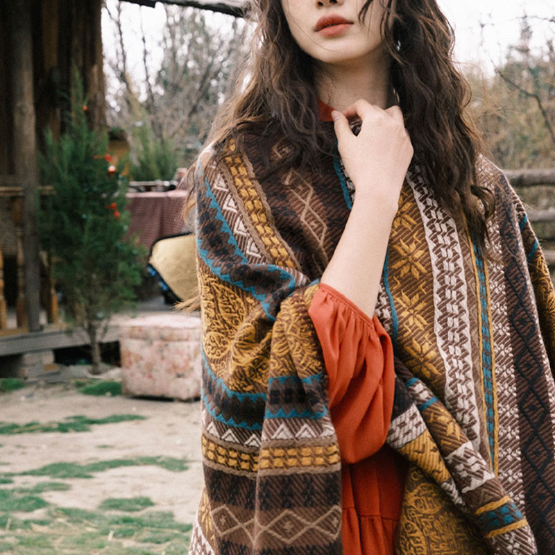 Buddha Stones Tibetan Geometric Horizontal Stripe Flower Leaf Tassels Shawl Fall Winter Cozy Scarf Wrap - image 13