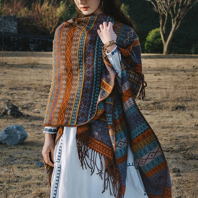 Buddha Stones Tibetan Geometric Horizontal Stripe Flower Leaf Tassels Shawl Fall Winter Cozy Scarf Wrap - image 1