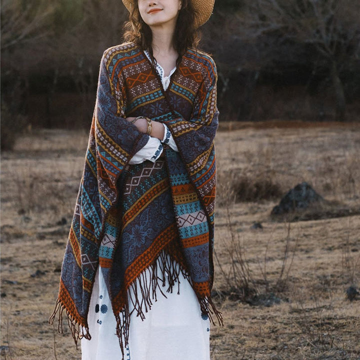 Buddha Stones Tibetan Geometric Horizontal Stripe Flower Leaf Tassels Shawl Fall Winter Cozy Scarf Wrap - image 6