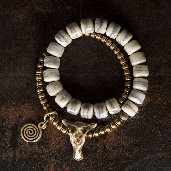 Buddha Stones White Yak Bone Copper Yak Head Double Wrap Balance Bracelet