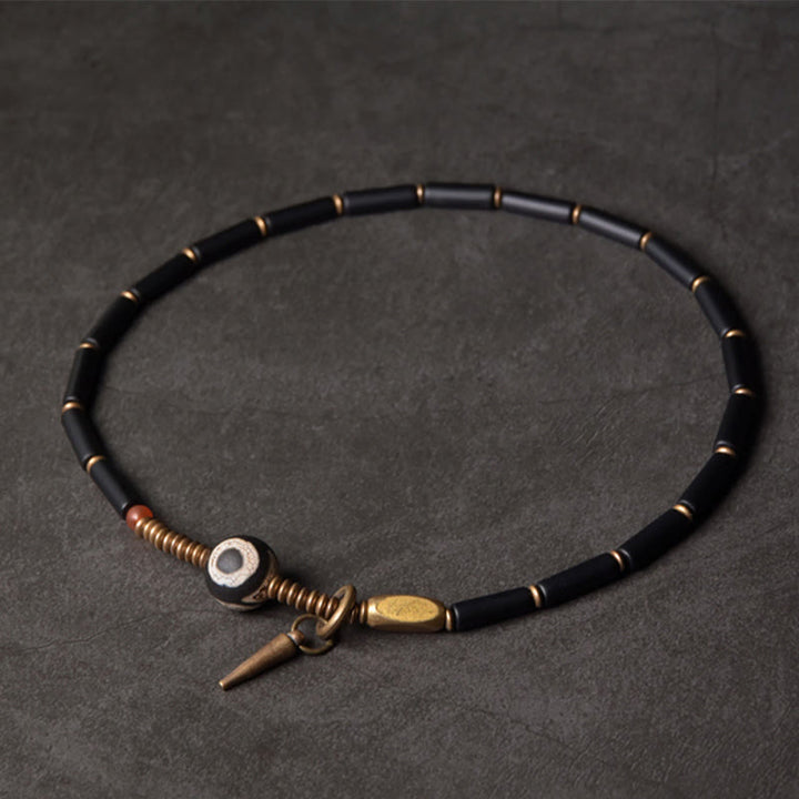 Buddha Stones Black Onyx Copper Dzi Bead Cone Pendant Double Wrap Protection Bracelet