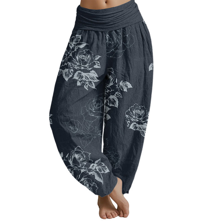 Buddha Stones Casual Rose Peony Flowers Women's Elastic Waist Harem Pants