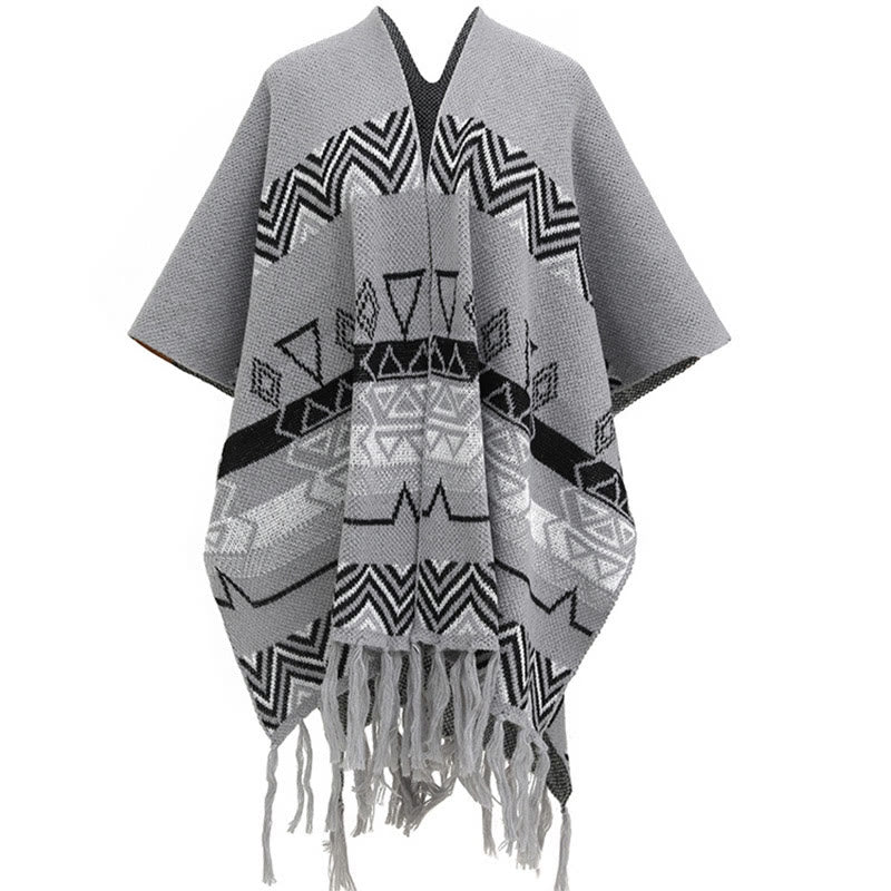 Buddha Stones Tibetan Wave Stripe Geometry Tassels Shawl Fall Winter Cozy Scarf Wrap