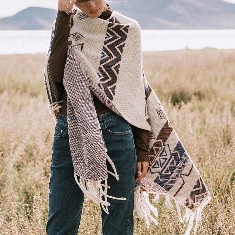 Buddha Stones Tibetan Wave Stripe Geometry Tassels Shawl Fall Winter Cozy Scarf Wrap - image 11