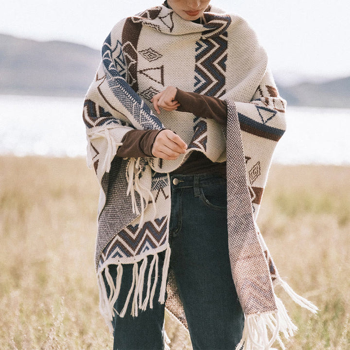 Buddha Stones Tibetan Wave Stripe Geometry Tassels Shawl Fall Winter Cozy Scarf Wrap - image 3