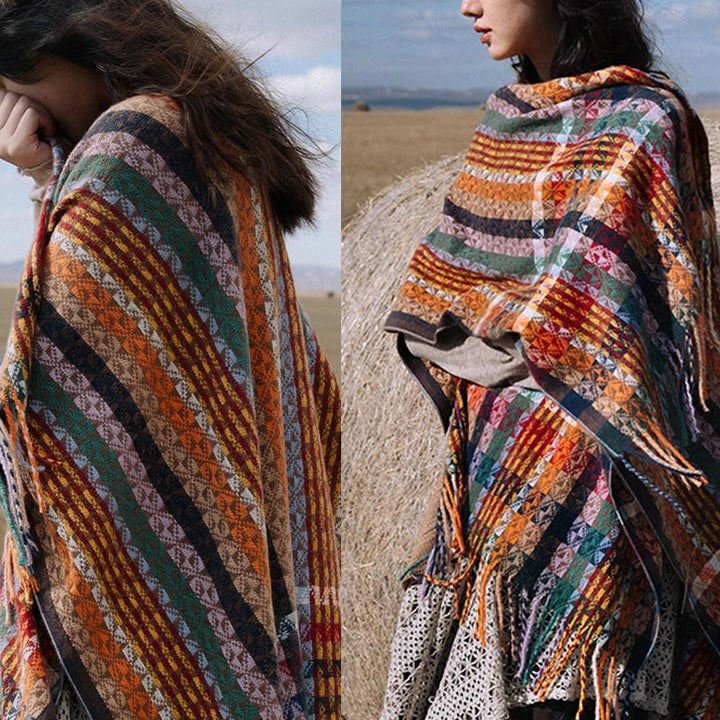 Buddha Stones Tibetan Colorful Stripe Geometry Tassels Shawl Fall Winter Soft Scarf Wrap