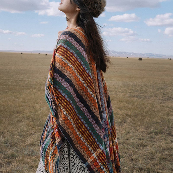 Buddha Stones Tibetan Colorful Stripe Geometry Tassels Shawl Fall Winter Soft Scarf Wrap - image 4