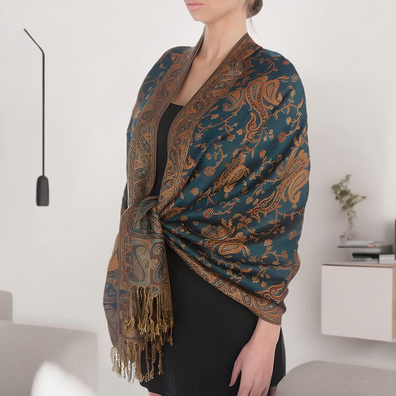 Buddha Stones Tibetan Cashew Flower Vine Print Tassels Shawl Fall Winter Soft Scarf Wrap