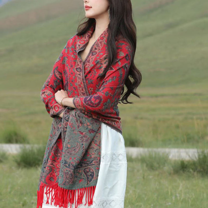 Buddha Stones Tibetan Cashew Flowers Leaves Vine Tassels Shawl Fall Winter Soft Cozy Scarf Wrap - image 4