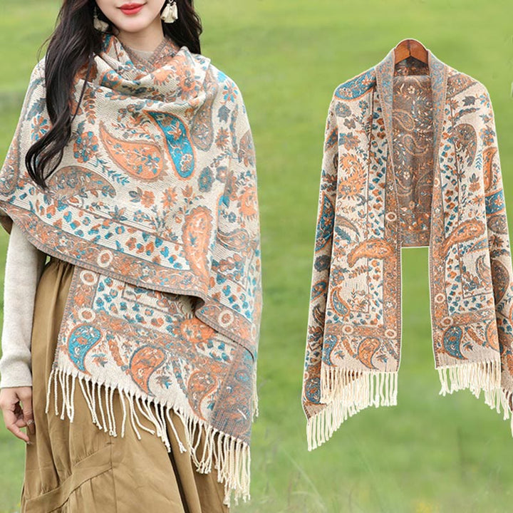 Buddha Stones Tibetan Cashew Flowers Leaves Vine Tassels Shawl Fall Winter Soft Cozy Scarf Wrap