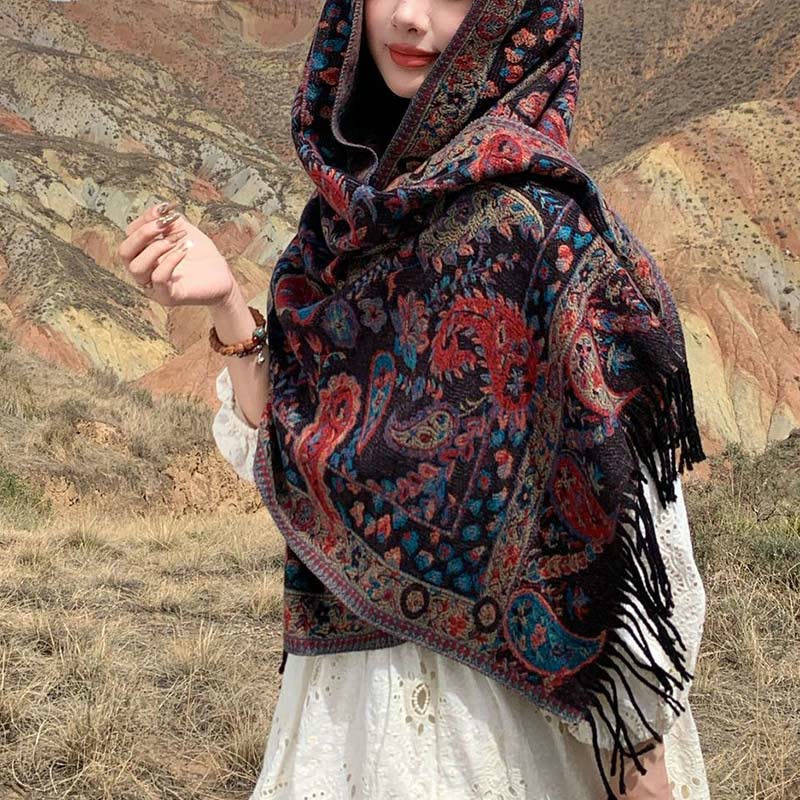 Buddha Stones Tibetan Cashew Flowers Leaves Vine Tassels Shawl Fall Winter Soft Cozy Scarf Wrap - Brown 70*180cm - image 27