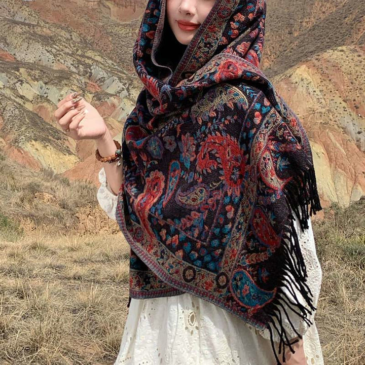 Buddha Stones Tibetan Cashew Flowers Leaves Vine Tassels Shawl Fall Winter Soft Cozy Scarf Wrap - Brown 70*180cm - image 27