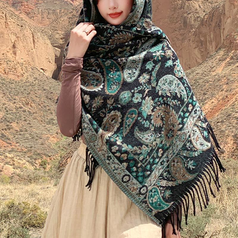 Buddha Stones Tibetan Cashew Flowers Leaves Vine Tassels Shawl Fall Winter Soft Cozy Scarf Wrap - Green 70*180cm - image 34