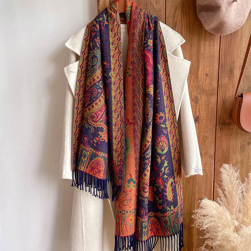 Buddha Stones Tibetan Cashew Peony Flowers Vine Tassels Shawl Fall Winter Cozy Scarf Wrap