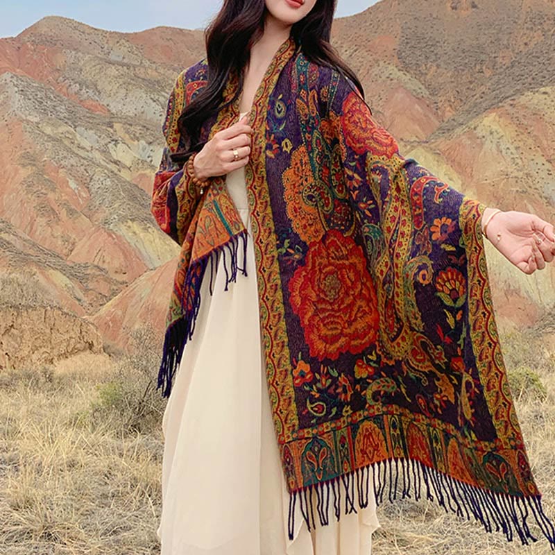 Buddha Stones Tibetan Cashew Peony Flowers Vine Tassels Shawl Fall Winter Cozy Scarf Wrap - image 1