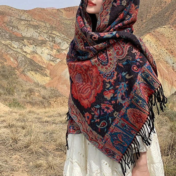 Buddha Stones Tibetan Cashew Peony Flowers Vine Tassels Shawl Fall Winter Cozy Scarf Wrap - image 9