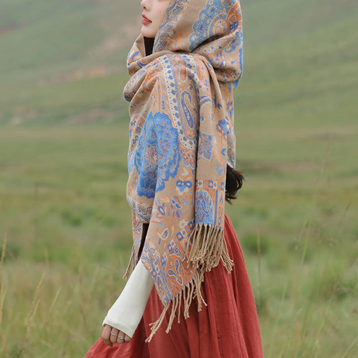 Buddha Stones Tibetan Cashew Peony Flowers Vine Tassels Shawl Fall Winter Cozy Scarf Wrap - image 27