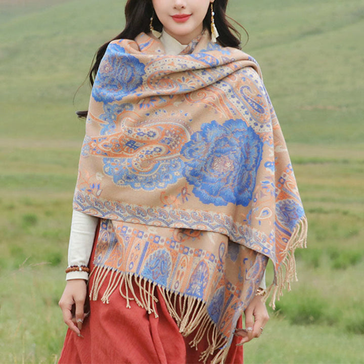 Buddha Stones Tibetan Cashew Peony Flowers Vine Tassels Shawl Fall Winter Cozy Scarf Wrap - Moccasin - 200*65cm - image 25