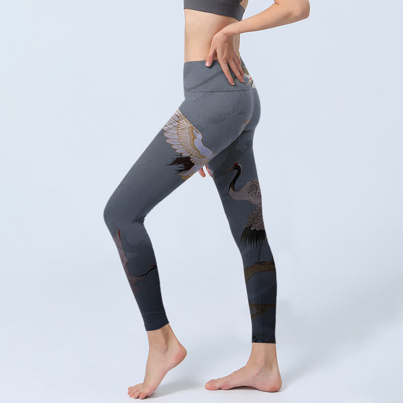 Buddha Stones Auspicious White Crane Pine Tree Print Gym Leggings Women's Yoga Pants