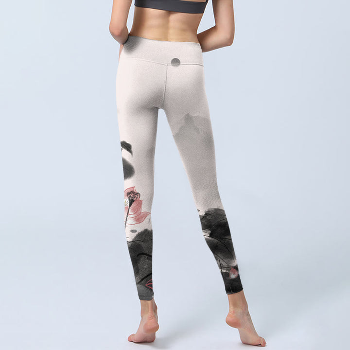 Buddha Stones Ink Painting Lotus Flower Leaf Print Gym Fitness Leggings Women's Yoga Pants - image 7