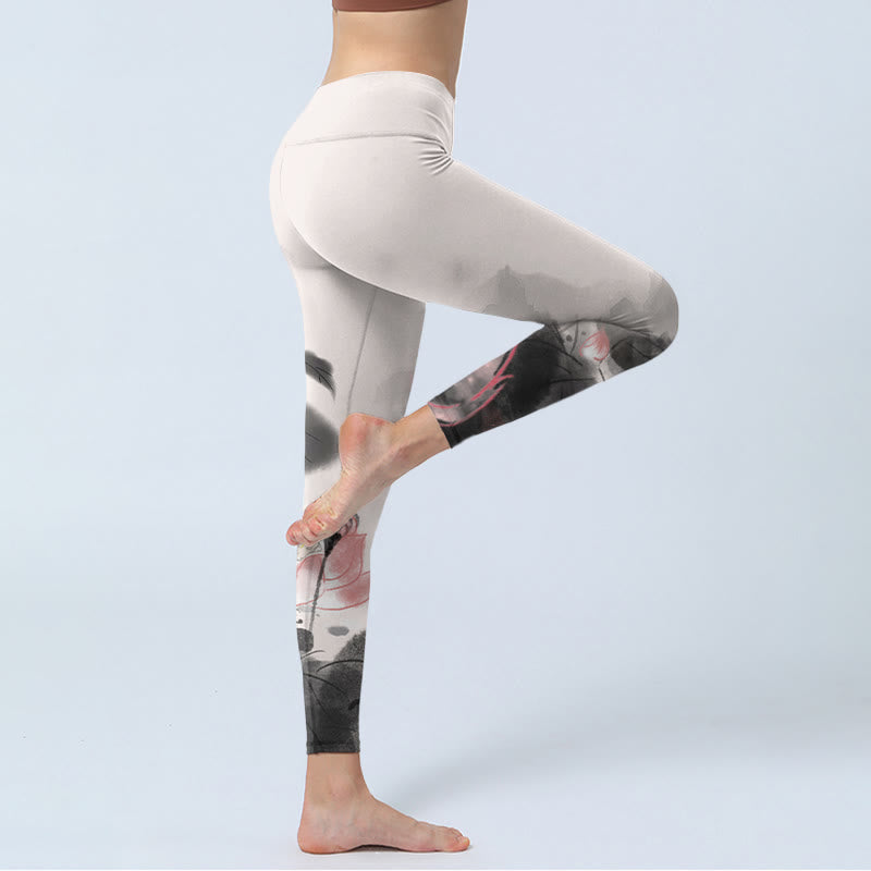 Buddha Stones Ink Painting Lotus Flower Leaf Print Gym Fitness Leggings Women's Yoga Pants