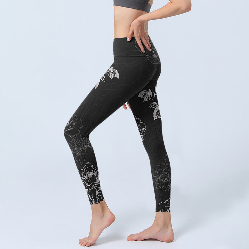 Buddha Stones Gray Peony Rose Flower Sketch Print Gym Fitness Leggings Women's Yoga Pants