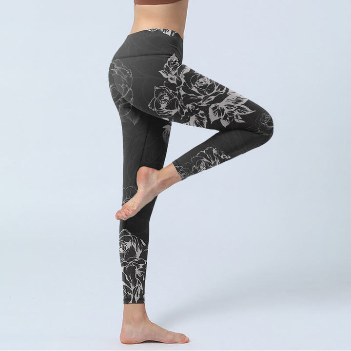 Buddha Stones Gray Peony Rose Flower Sketch Print Gym Fitness Leggings Women's Yoga Pants