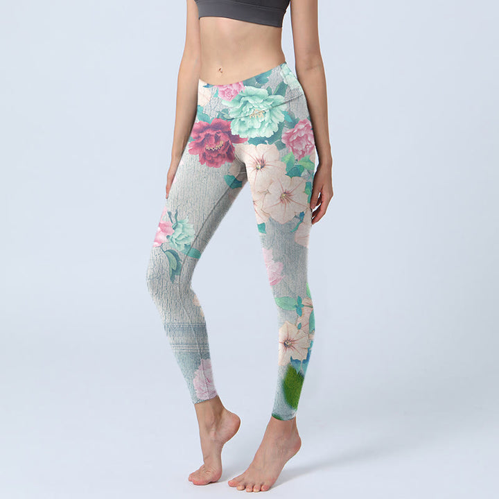Buddha Stones Colorful Peony Flowers Print Gym Fitness Leggings Women's Yoga Pants - WhiteSmoke - US18，UK/AU22，EU50 (4XL) - image 0