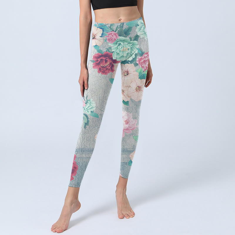 Buddha Stones Colorful Peony Flowers Print Gym Fitness Leggings Women's Yoga Pants