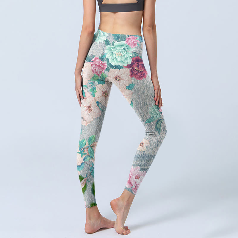 Buddha Stones Colorful Peony Flowers Print Gym Fitness Leggings Women's Yoga Pants