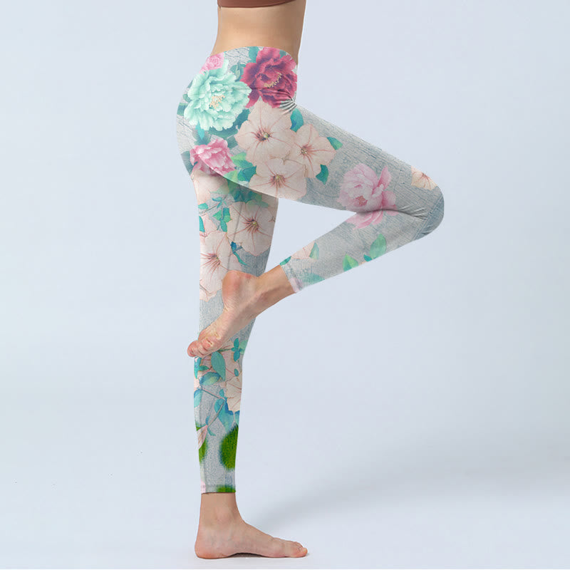 Buddha Stones Colorful Peony Flowers Print Gym Fitness Leggings Women's Yoga Pants