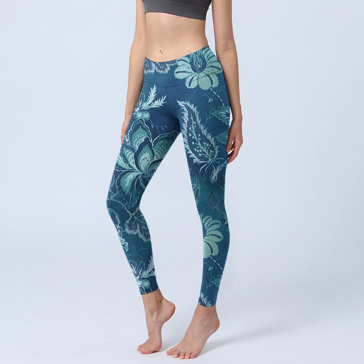 Buddha Stones Blue Flowers Print Sports Fitness Leggings Women's Yoga Pants