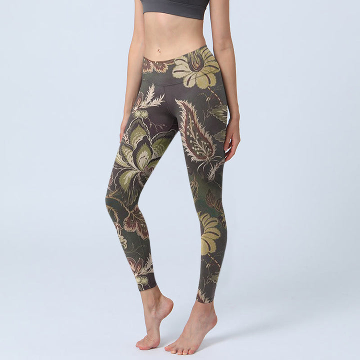 Buddha Stones Olive Florals Print Sports Fitness Leggings Women's Yoga Pants