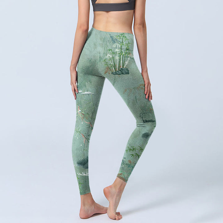 Buddha Stones Green Bamboo Rocks Print Sports Fitness Leggings Women's Yoga Pants