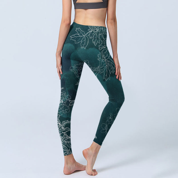 Buddha Stones Peony Flower Magpie Butterfly Print Gym Fitness Leggings Women's Yoga Pants - image 4