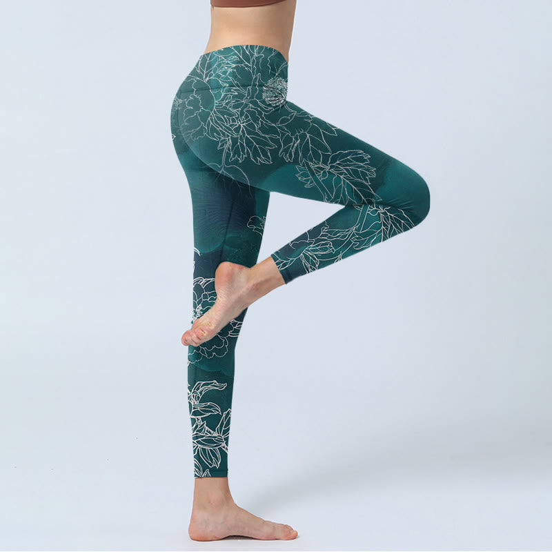 Buddha Stones Peony Flower Magpie Butterfly Print Gym Fitness Leggings Women's Yoga Pants