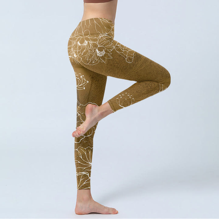 Buddha Stones Goldenrod Lotus Flowers Leaves Print Gym Fitness Leggings Women's Yoga Pants