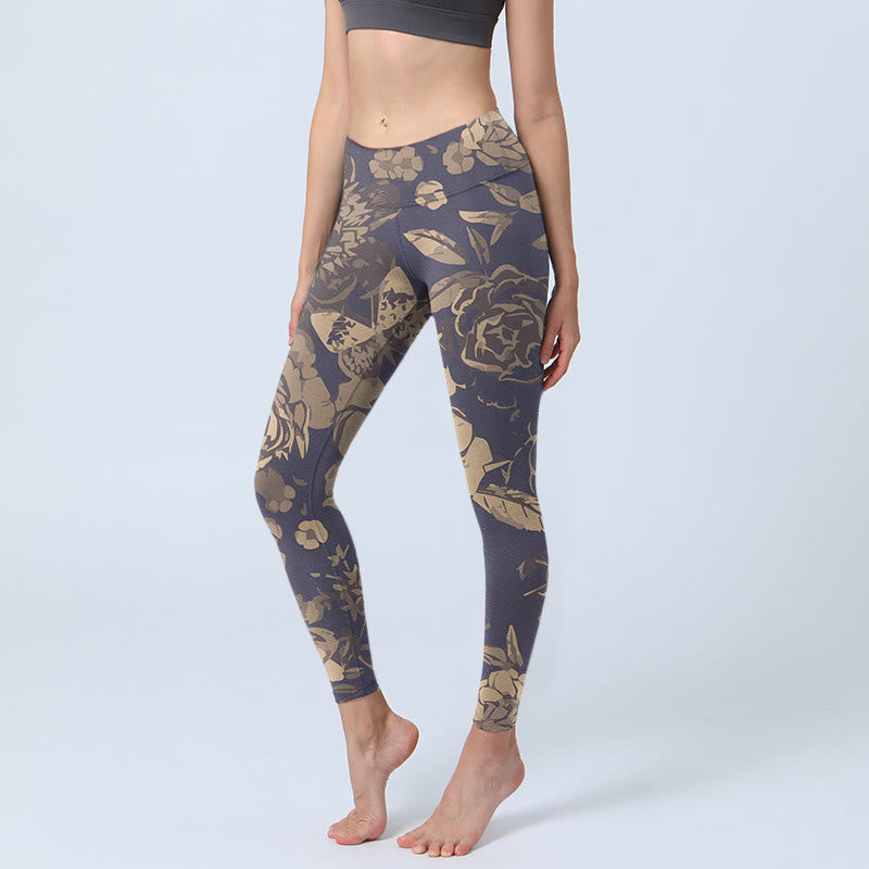 Buddha Stones Peony Flowers Leaves Blossom Print Gym Fitness Leggings Women's Yoga Pants - Thistle - US18，UK/AU22，EU50 (4XL) - image 0
