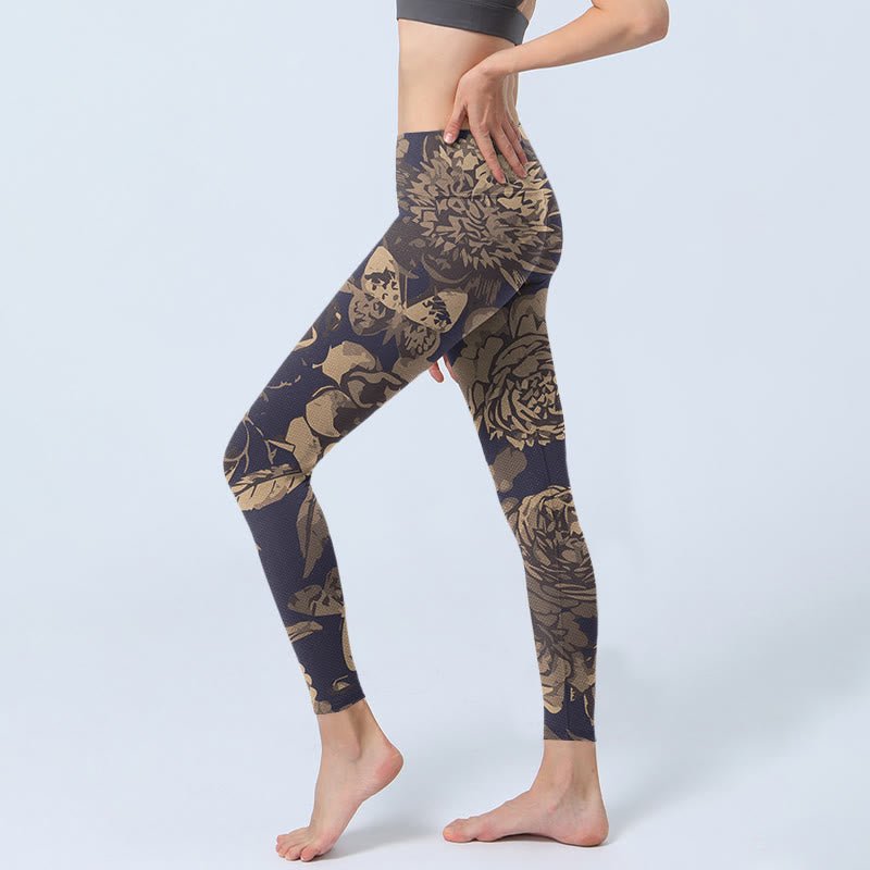 Buddha Stones Peony Flowers Leaves Blossom Print Gym Fitness Leggings Women's Yoga Pants