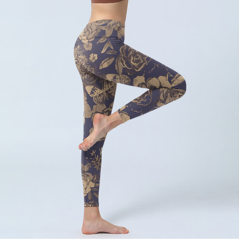 Buddha Stones Peony Flowers Leaves Blossom Print Gym Fitness Leggings Women's Yoga Pants