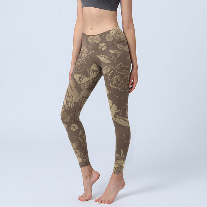 Buddha Stones Peony Flowers Leaves Blossom Print Gym Fitness Leggings Women's Yoga Pants - DarkKhaki - US18，UK/AU22，EU50 (4XL) - image 8