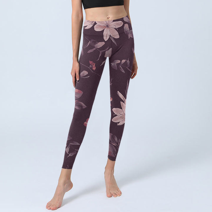 Buddha Stones Purple White Flowers Leaves Blossom Print Gym Fitness Leggings Women's Yoga Pants